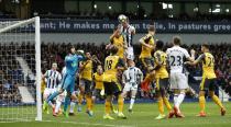 <p>West Bromwich Albion’s Craig Dawson scores their first goal </p>