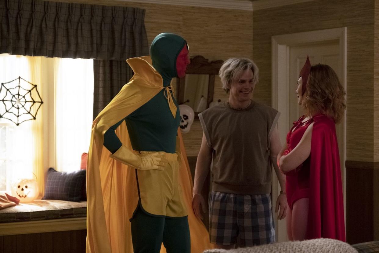 paul bettany as vision, evan peters as  pietro maximoff, and elizabeth olsen as scarlet witch in 'wandavision'
