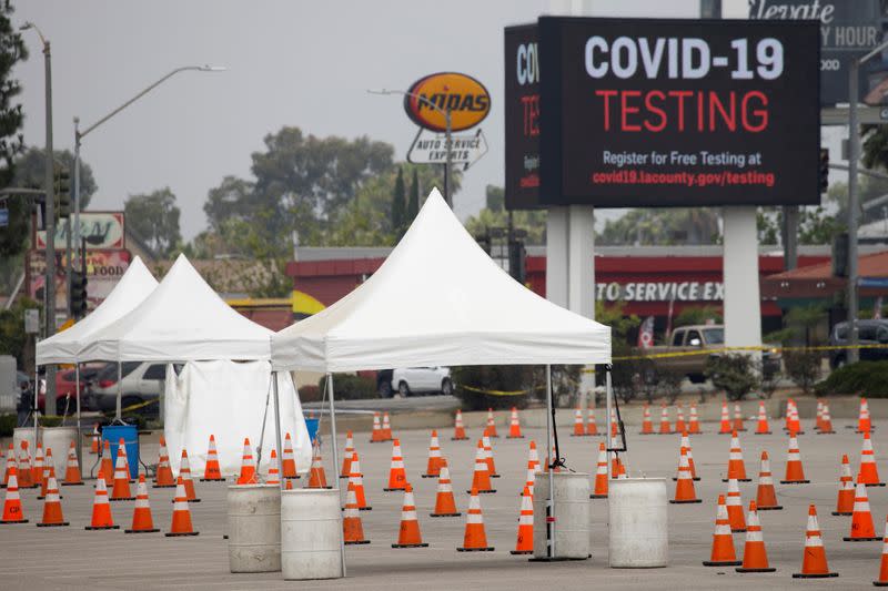 A drive-in COVID-19 testing center is shown empty and abandoned as Los Angeles reports spike in positive cases