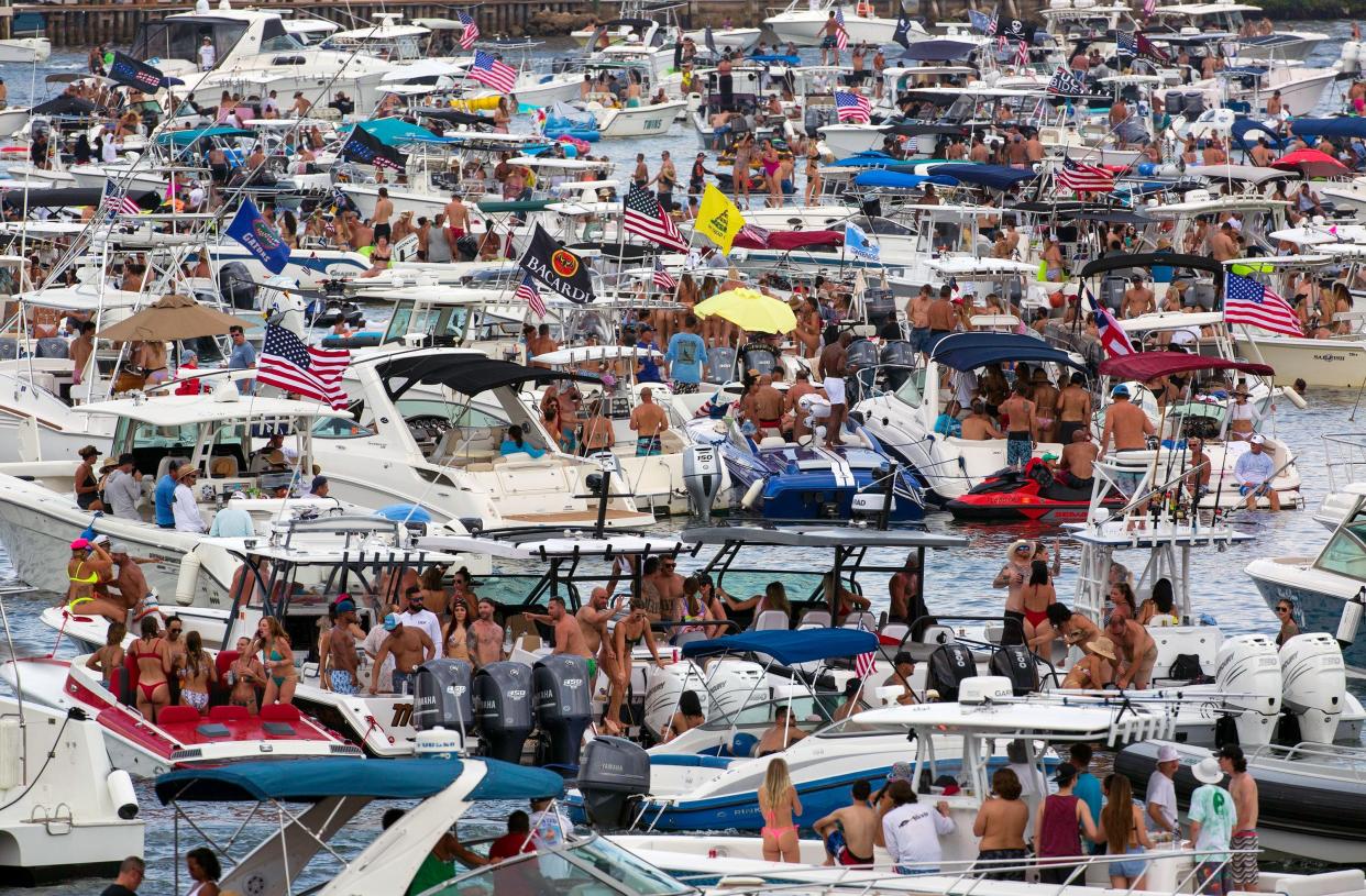 Boaters gather in Lake Boca Raton for the Boca Bash Sunday, April 25, 2021.