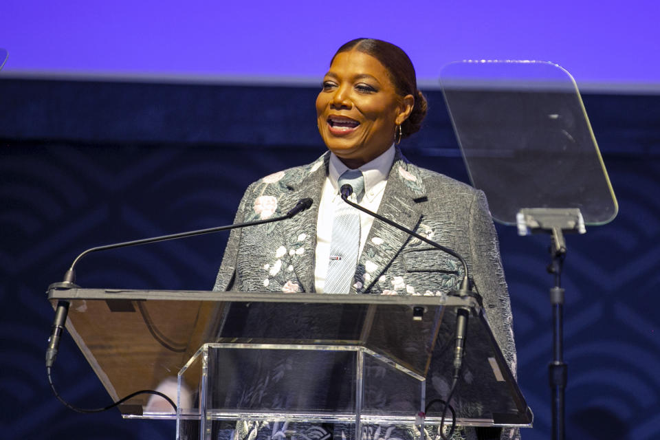 FILE - Queen Latifah speaks at the opening of the new Harriet Tubman monument in Newark, N.J., March 9, 2023. (AP Photo/Ted Shaffrey, File)