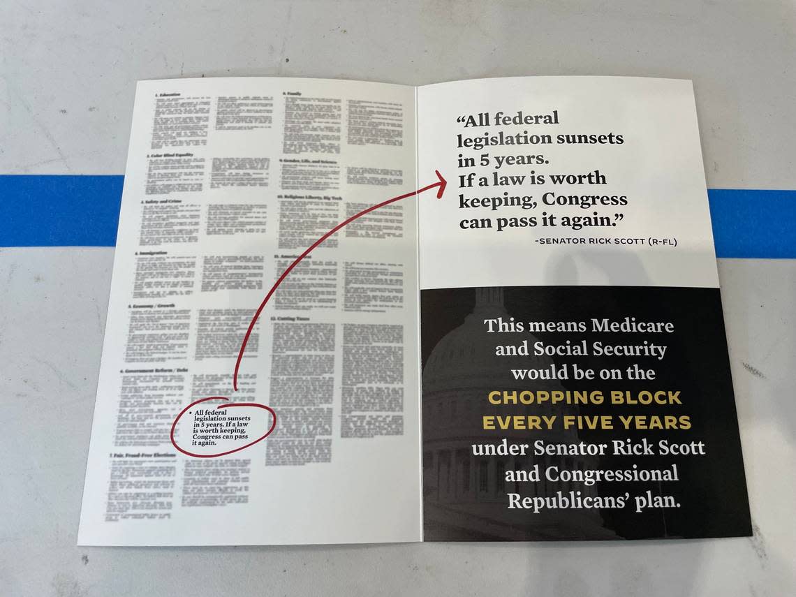 A pamphlet highlighting a portion of U.S. Sen. Rick Scott’s 11-point policy plan claiming Republicans want to cut Medicare and Social Security. It was handed out by the White House at a Hallandale Beach event with President Joe Biden on Nov. 1, 2022, a week before the midterm elections.