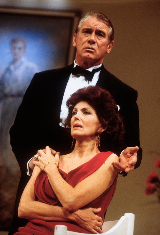 Gayle Hunnicutt, as Freda Caplan, and Keith Baxter, as Robert Caplan, in the 1994 production of Dangerous Corner by JB Priestley at the Whitehall theatre, London.