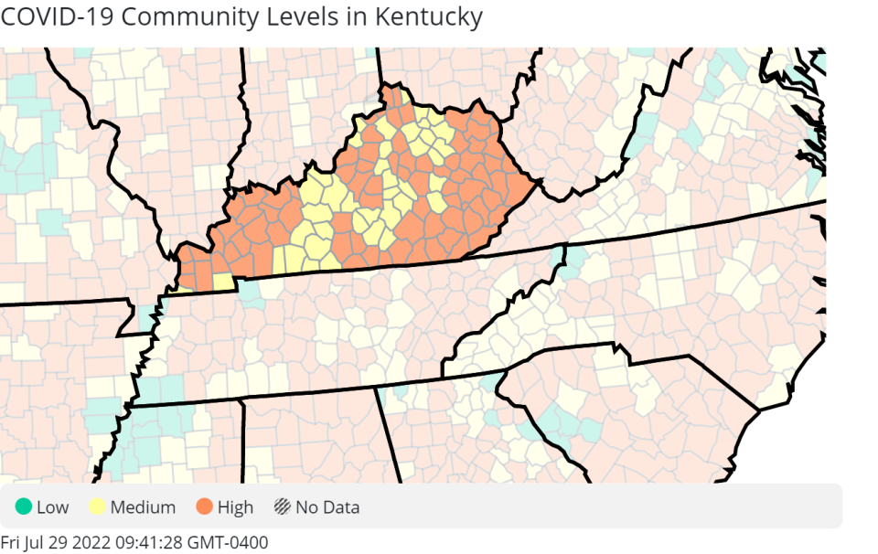 COVID-19 community levels in Kentucky as of July 28, 2022.