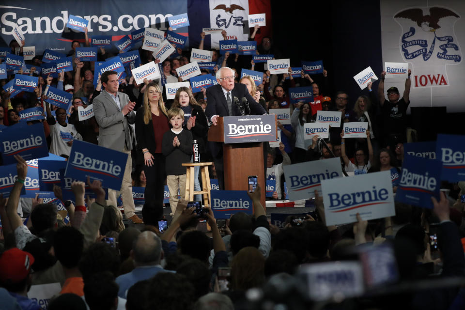 Democratic presidential candidate Sen. Bernie Sanders, I-Vt., accompanied by his family, speaks to supporters at a caucus night campaign rally in Des Moines, Iowa, Monday, Feb. 3, 2020. (AP Photo/Pablo Martinez Monsivais)