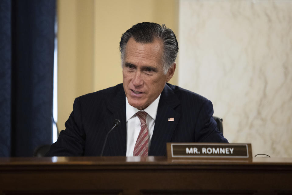 Sen. Mitt Romney, R-Utah, questions Secretary of State nominee Antony Blinken during his confirmation hearing to be Secretary of State before the Senate Foreign Relations Committee on Capitol Hill in Washington, Tuesday, Jan. 19, 2021. (Graeme Jennings/Pool via AP)