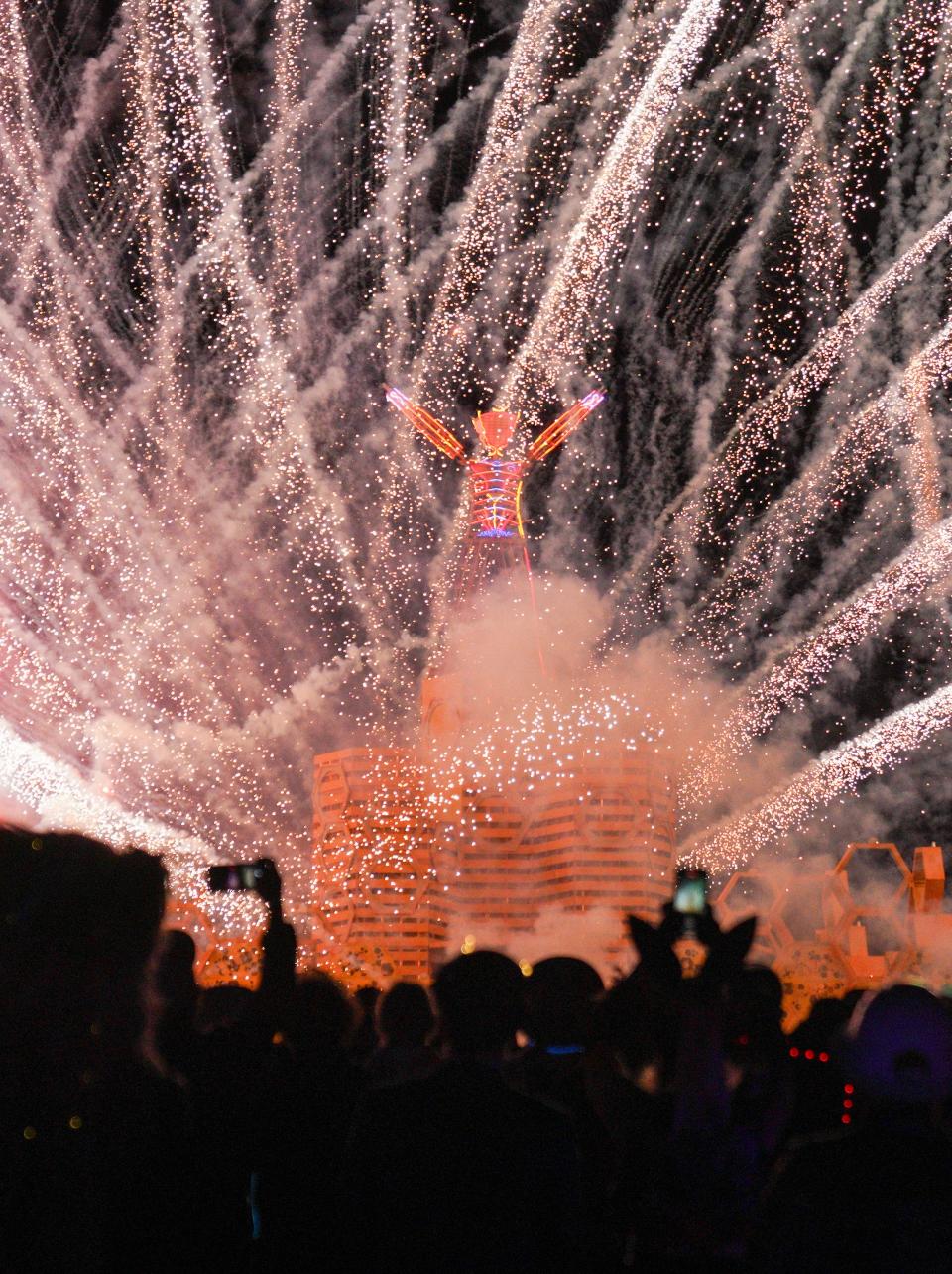Fireworks explode as part of the Man burn at Burning Man on Labor Day.
