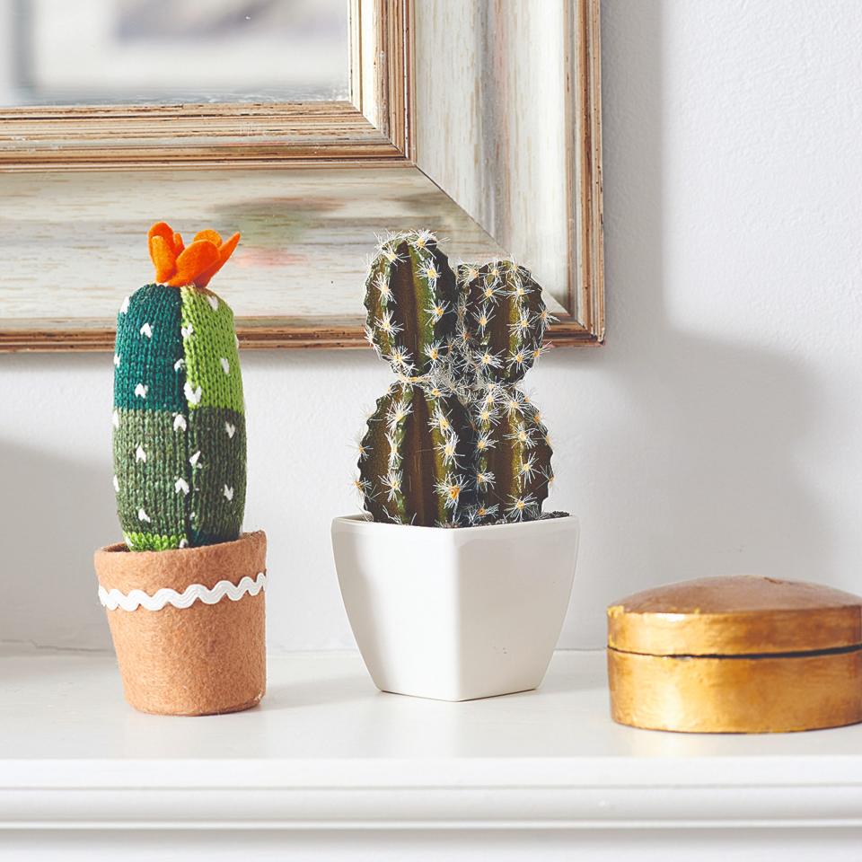 A cactus on a shelf next to a toy cactus