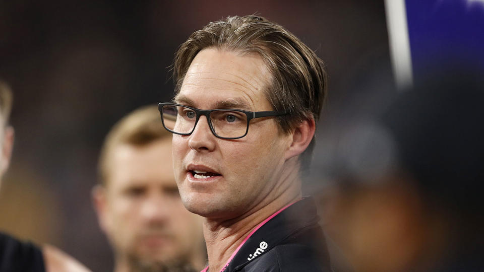 Seen here, Carlton coach David Teague addresses his troops during the AFL game against Port Adelaide.