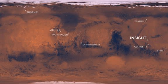 InSight's landing spot compared to previous landing missions.