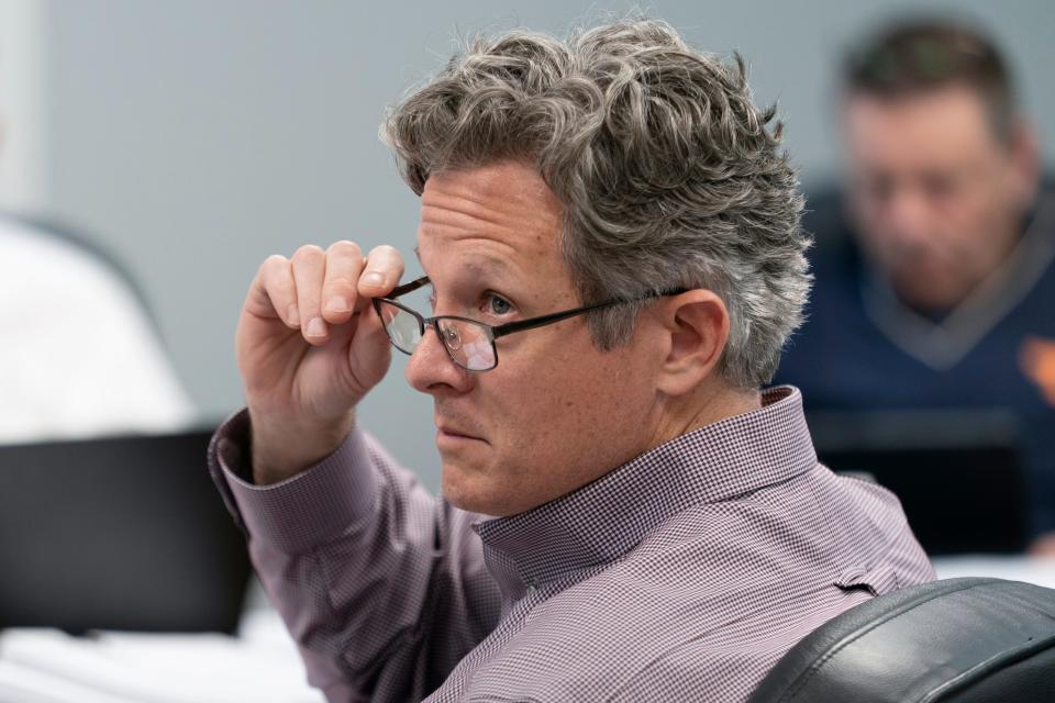 Sumner County Commissioner Jeremy Mansfield, District 16, listens during a county commission budget committee meeting Thursday, May 4, 2023, in Gallatin, Tenn. (AP Photo/George Walker IV)