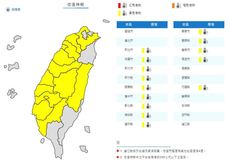 氣象局發布低溫特報。（圖／翻攝自中央氣象局）