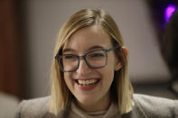 Abigail Bessler daughter of Democratic presidential candidate Sen. Amy Klobuchar, D-Minn., attends a campaign gathering Tuesday, Jan. 21, 2020, in Stanton, Iowa. (AP Photo/Marcio Jose Sanchez)