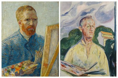 A combination of photos provided by Van Gogh Museum in Amsterdam to Reuters on September 22, 2015, show the painting "Self-Portrait as a Painter" by Vincent van Gogh, 1887-1888, Van Gogh Museum, Amsterdam (Vincent van Gogh Foundation) (L) and the painting "Self-Portrait with Palette" by Edvard Munch, 1926, Private collection, which will be presented hanging side by side for the first time at an exhibit opening at the Van Gogh Museum in the Netherlands opening Friday. REUTERS/Van Gogh Museum Amsterdam/Handout via Reuters