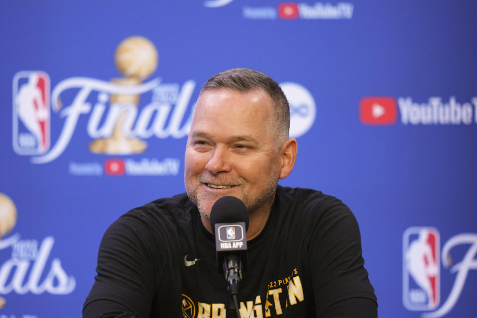 Denver Nuggets head coach Michael Malone talks during a news conference, Sunday, June 11, 2023, in Denver. The Nuggets take on the Miami Heat in Game 5 of the NBA Finals on Monday. (AP Photo/Jack Dempsey)