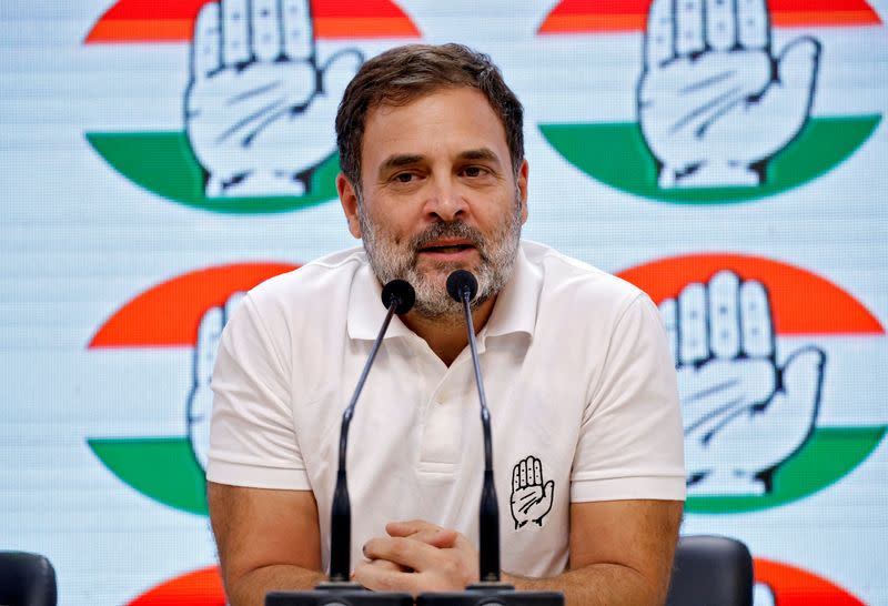 Rahul Gandhi, a senior leader of Congress party, speaks during a media briefing at the party headquarters in New Delhi