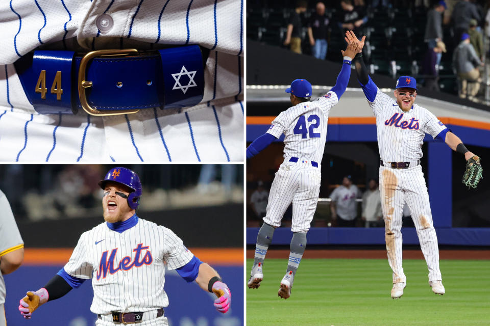 A composite photo. A closeup of a Star of David on Harrison Bader's belt; a photo of him high-fiving a Mets teammate and one of him standing at second base following a double.