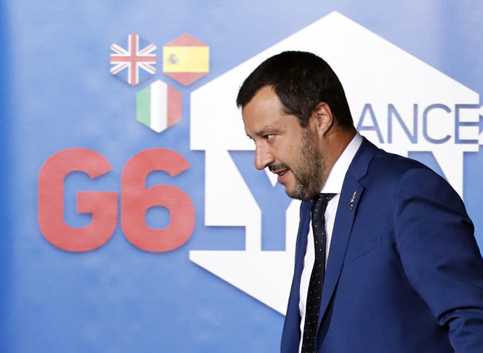 Italian Interior Minister and deputy Premier Matteo Salvini arrives at the G6 Interior Ministers' meeting in Lyon, central France, Monday, Oct. 8, 2018. (AP Photo/Christophe Ena)