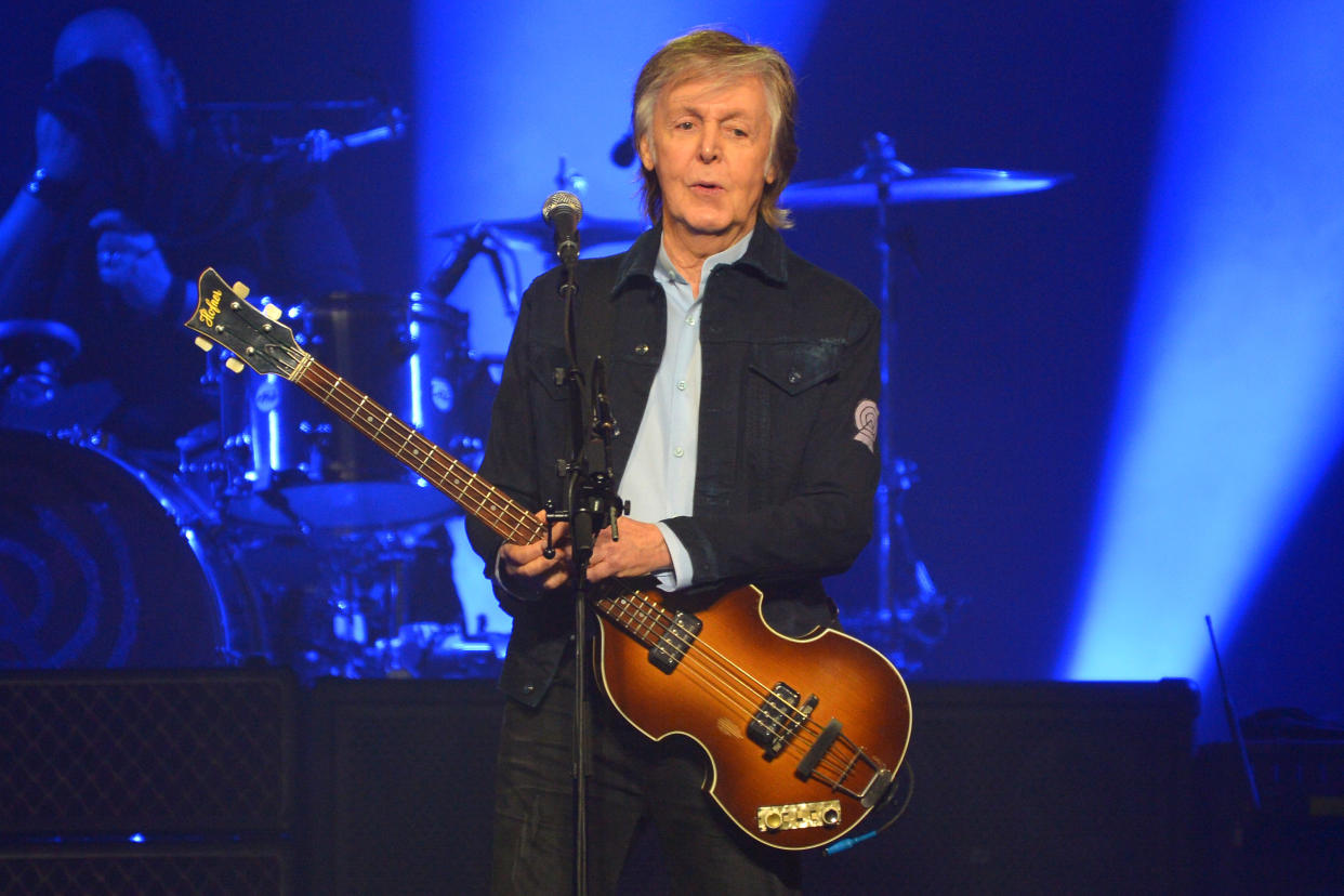 LONDON, ENGLAND - DECEMBER 16:  Sir Paul McCartney performs live on stage at the O2 Arena during his 'Freshen Up' tour, on December 16, 2018 in London, England. (Photo by Jim Dyson/Getty Images)