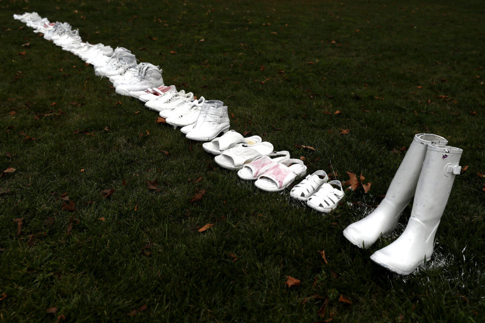 Fifty pairs of white shoes have been laid in front of All Souls Anglican Church in honour of victims who lost their lives on March 18, 2019 in Christchurch, New Zealand. (Photo: Hannah Peters/Getty Images)