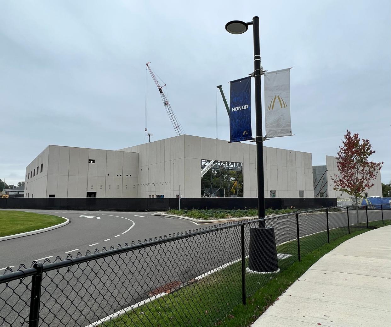 Construction of a football-themed water park is continuing at the Hall of Fame Village in Canton. Work on an adjacent hotel is expected to begin in the coming weeks.