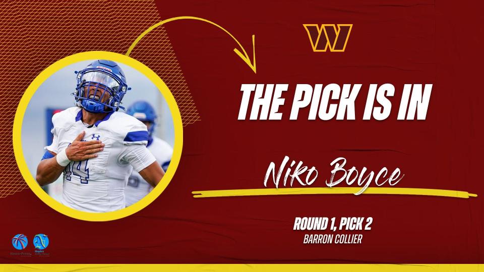 Barron Collier quarterback Niko Boyce, selected 2nd overall by the Washington Commanders