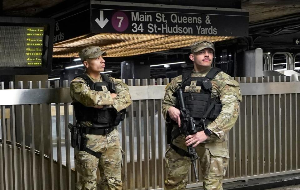 A number of troops were already helping the NYPD with bag checks at Manhattan’s Grand Central station just hours after Hochul’s announcement. AFP via Getty Images