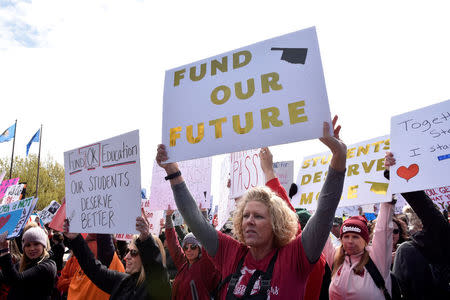 Teachers rally outside the state Capitol on the second day of a teacher walkout to demand higher pay and more funding for education in Oklahoma City, Oklahoma, U.S., April 3, 2018. REUTERS/Nick Oxford