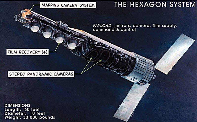 The Air Force’s KH-9 Hexagon satellite, pictured above, deployed the tiny IRCB (S73-7) satellite in 1974. - Illustration: U.S. Air Force