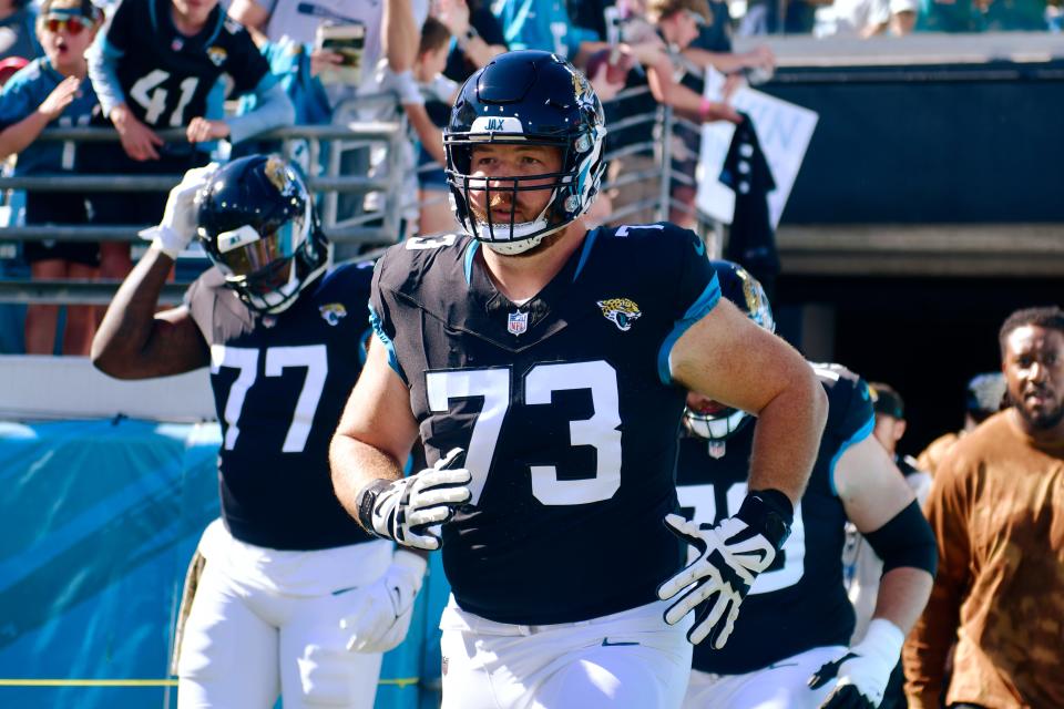 Jacksonville Jaguars guard Blake Hance (73) runs on the field before an NFL football matchup Sunday, Nov. 19, 2023 at EverBank Stadium in Jacksonville, Fla. The Jacksonville Jaguars defeated the Tennessee Titans 34-14. [Corey Perrine/Florida Times-Union]