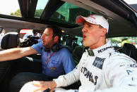 Michael Schumacher of Germany and Mercedes GP celebrates setting the fastest time before his five place grid penalty during qualifying for the Monaco Formula One Grand Prix at the Circuit de Monaco on May 26, 2012 in Monte Carlo, Monaco. (Paul Gilham/Getty Images)