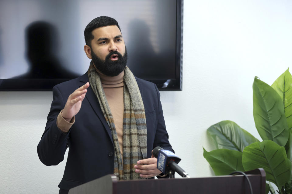 Athar Haseebullah, executive director of the ACLU of Nevada, speaks during a news conference at the ACLU of Nevada offices Friday, Jan. 19, 2024, in Las Vegas. The news conference addressed questions relating to the release of Clark County School District Police body-worn camera footage depicting a CCSD police officer tackling and kneeling on a Black teen outside a Las Vegas high school last year. (Steve Marcus/Las Vegas Sun via AP)