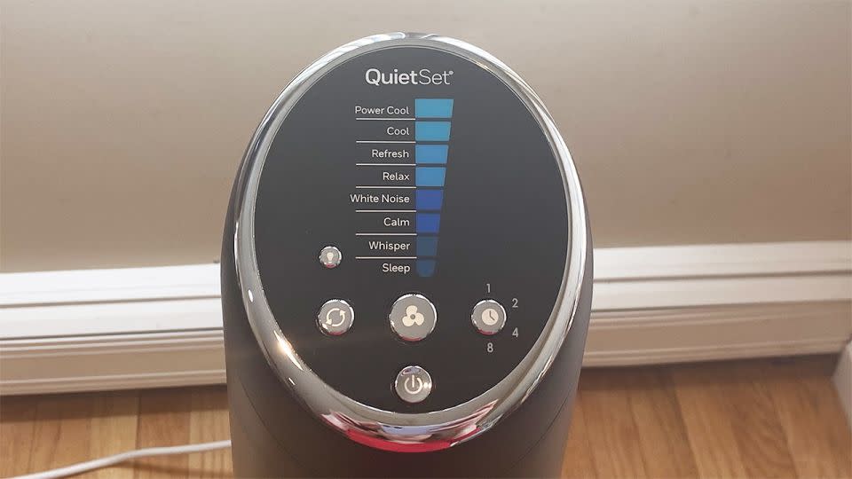 The Honeywell QuietSet tower fan has a console that is easy to read, containing buttons for speed and oscillation plus a timer. - Suzanne Kattau/CNN Underscored