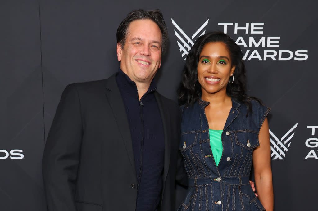 Phil Spencer, CEO of Microsoft Gaming, and Sarah Bond, president of Xbox, attend the 2022 The Game Awards at Microsoft Theater on Dec. 8, 2022, in Los Angeles, California. (Photo by Leon Bennett/Getty Images)