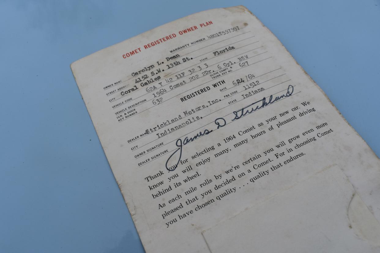 The original registration card for Darwin Atkins' 1964 Mercury Comet