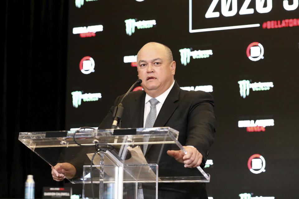 FILE - In this Monday, March 9, 2020 file photo, Bellator President Scott Coker speaks at a news conference promoting the Bellator Spring & Summer fight cards in New York City. Bellator President Scott Coker believes he put on some of the best fight cards in his promotion's history over the past two years while building a roster and a product capable of drawing attention across the world. The first of three consecutive weekly cards in April is headlined by a featherweight grand prix semifinal between champion Patricio “Pitbull” Freire and Emmanuel Sanchez. (AP Photo/Gregory Payan, File)