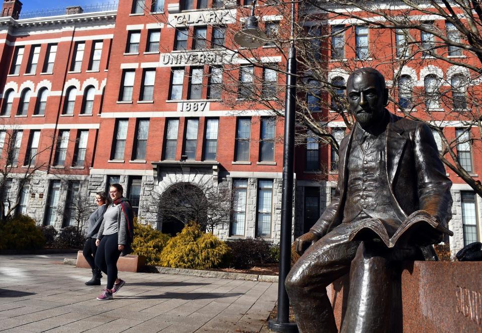 Jonas Clark Hall at Clark University in Worcester. At right is statue of Sigmund Freud, who spoke at the school in 1909.