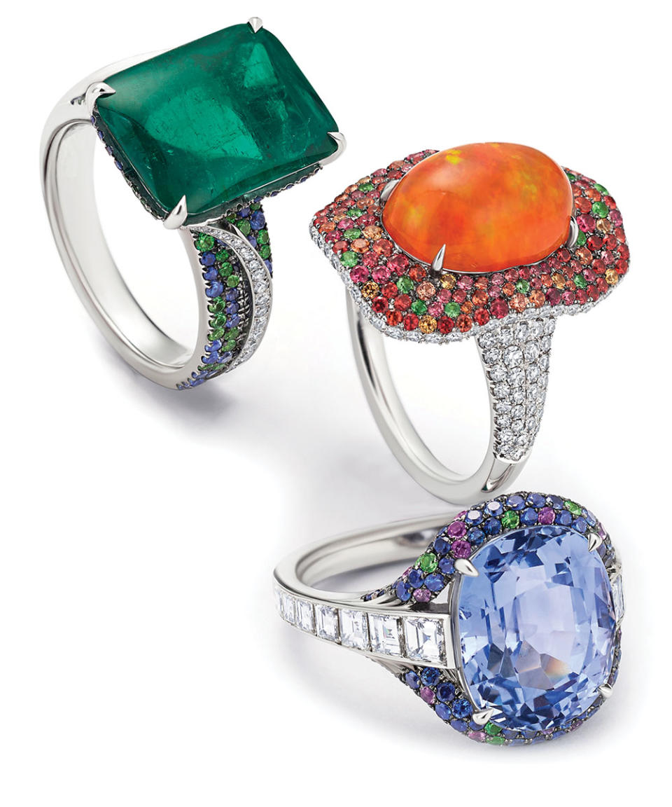 From top: Martin Katz 9-carat emerald cabochon Portofino ring, $78,000; 3.66-carat Mexican fire opal cabochon ring, $52,000; 8.1-carat cushion sapphire ring, $74,000.