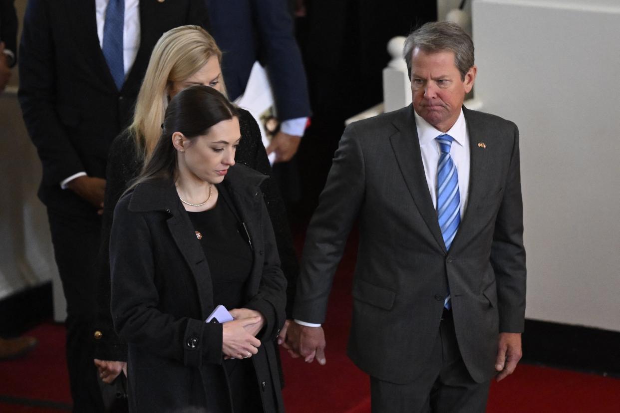 Georgia Governor Brian Kemp arrives at a tribute service for former US First Lady Rosalynn Carter at Glenn Memorial Church in Atlanta, Georgia, on November 28, 2023. (AFP via Getty Images)