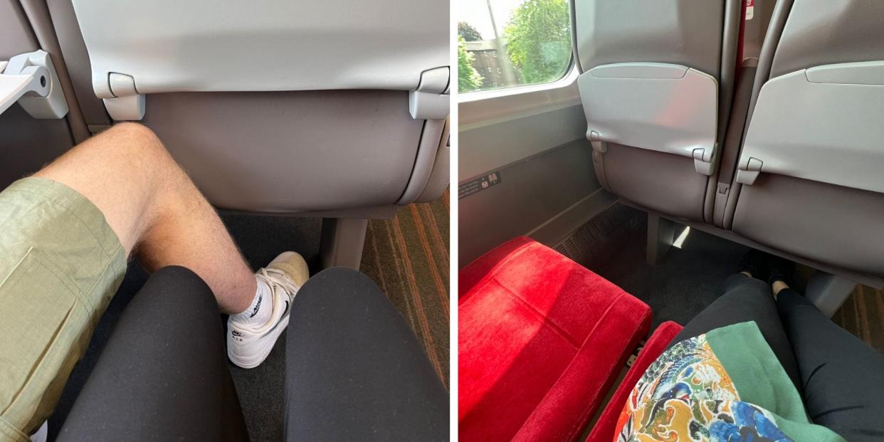A passenger putting their leg in the floor space of the adjoining seat, alongside an image of an empty seat.