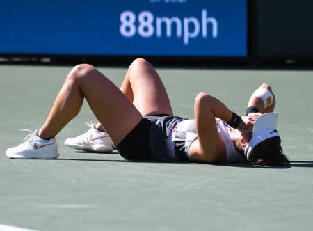 Mar 17, 2019; Indian Wells, CA, USA; Bianca Andreescu (CAN) reacts at match point as she defeats Angelique Kerber (not pictured) in the final match of the BNP Paribas Open at the Indian Wells Tennis Garden. Mandatory Credit: Jayne Kamin-Oncea-USA TODAY Sports