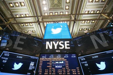 The Twitter Inc. logo is displayed on screens prior to its IPO on the floor of the New York Stock Exchange in New York, November 7, 2013. REUTERS/Lucas Jackson