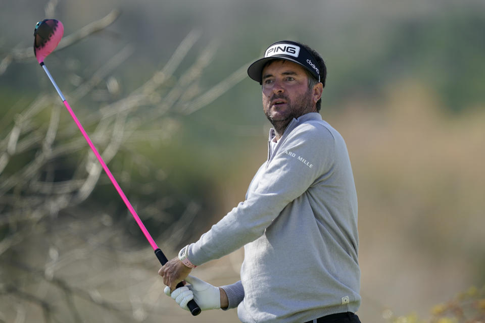 Bubba Watson watches his tee shot on the sixth hole in the second round of the Dell Technologies Match Play Championship golf tournament, Thursday, March 24, 2022, in Austin, Texas. (AP Photo/Tony Gutierrez)