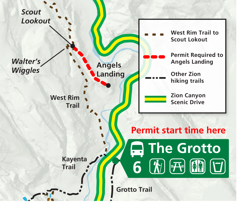 This map shows how where visitors must exit from a shuttle bus to access the Angels Landing Trail, a short climb at the end of a longer and more moderate trail. Zion Canyon Scenic drive is currently closed to vehicle traffic except for park shuttle buses.