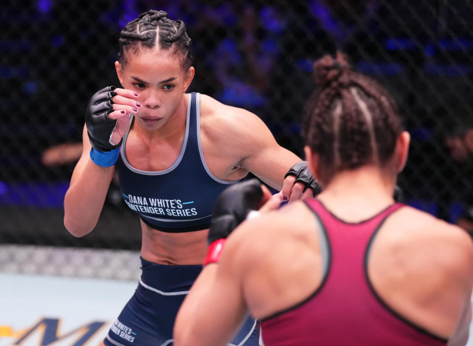 LAS VEGAS, NEVADA – SEPTEMBER 05: (L-R) Dione Barbosa of Brazil battles Rainn Guerrero in a flyweight fight during Dana White’s Contender Series season seven, week five at UFC APEX on September 05, 2023 in Las Vegas, Nevada. (Photo by Cooper Neill/Zuffa LLC via Getty Images)