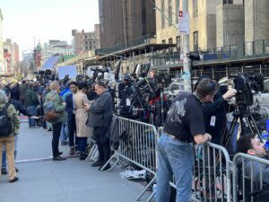 Cameras are lined up outside Manhattan Criminal Court in New York City on April 15, 2024, as former President Donald Trump's criminal trial begins inside. (Photo by Zachary Roth/States Newsroom)