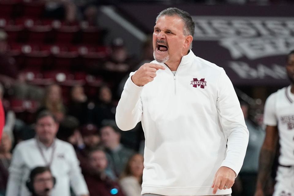 Mississippi State head coach Chris Jans reacts during the first half of an NCAA college basketball game against Nicholls State, in Starkville, Miss., Saturday, Dec. 17, 2022. (AP Photo/Rogelio V. Solis)