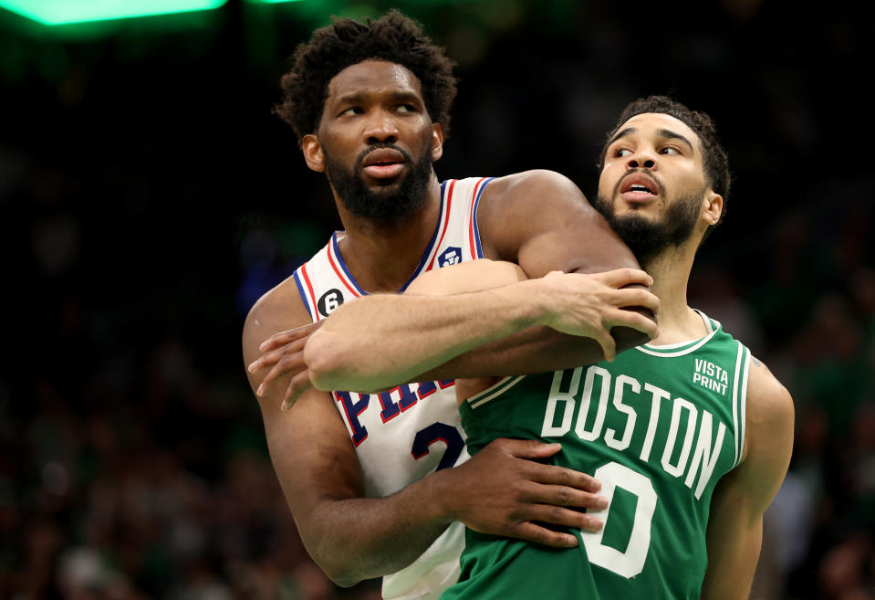 Joel Embiid and Jayson Tatum will be positioning themselves as top selections in fantasy basketball drafts. (Photo by Adam Glanzman/Getty Images)