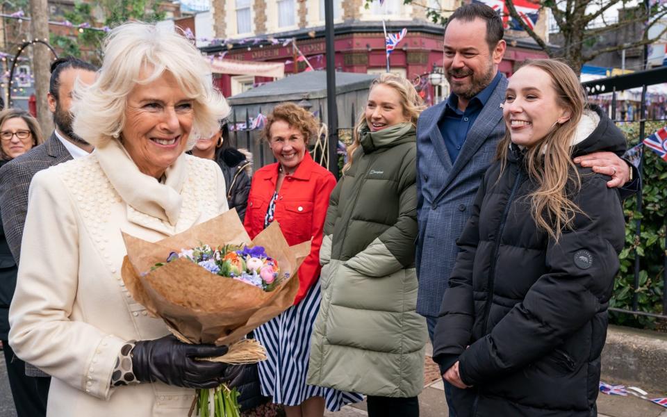 The Duchess of Cornwall spoke to Rose Ayling-Ellis (right) and Danny Dyer (centre) - Aaron Chown/PA