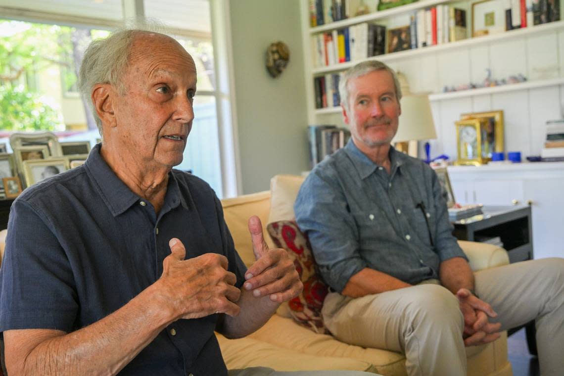 Daniel Brunner, left, president of the Capital Public Radio Endowment Board, and board member Buzz Wiesenfeld talk on Wednesday about the proposal the board sent to Sacramento State President Luke Wood urging the radio station merge with nonprofit PBS TV station KVIE.